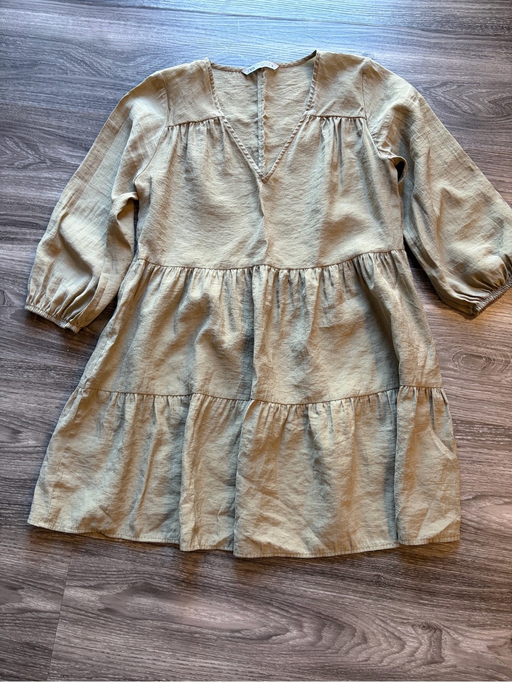 Zara Olive Green Tiered V-Neck Tunic Pull Over Small